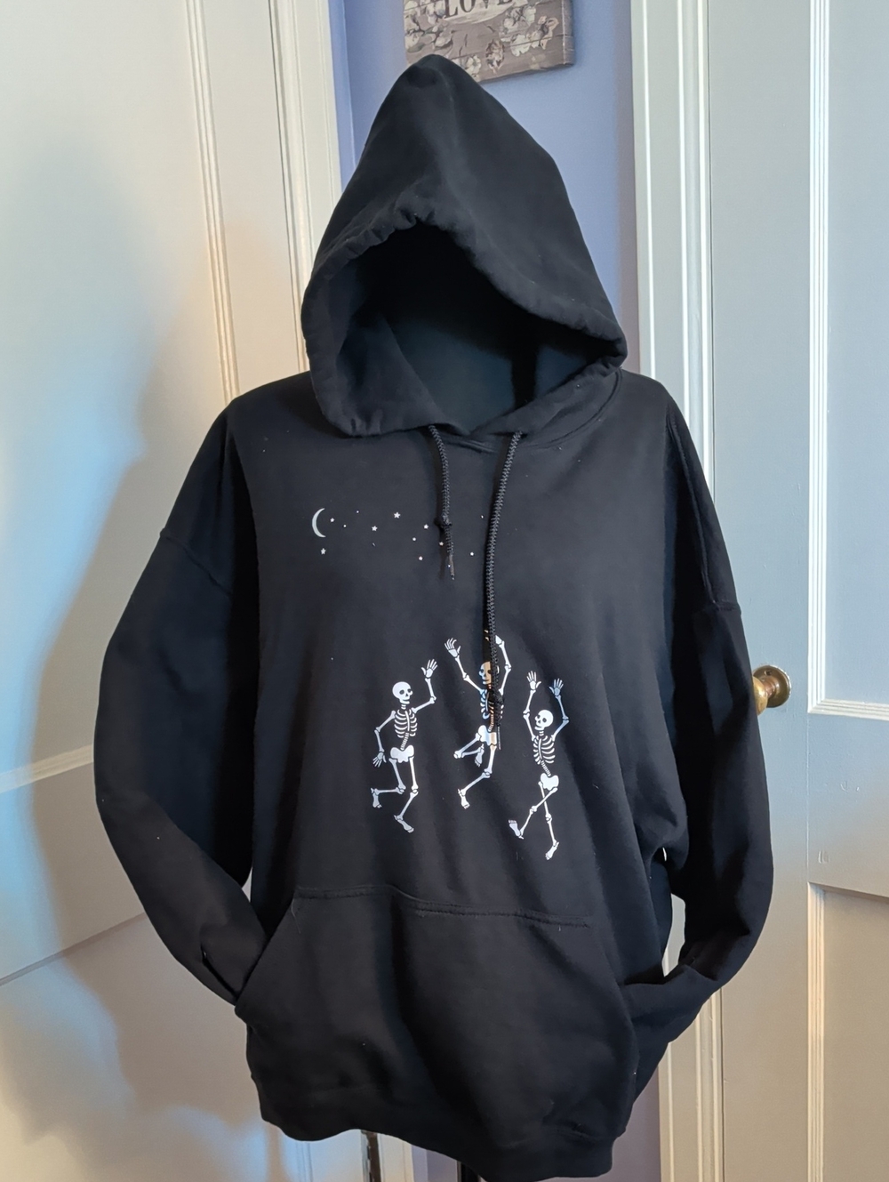 Gildan Black Hoodie with White Dancing Skeletons